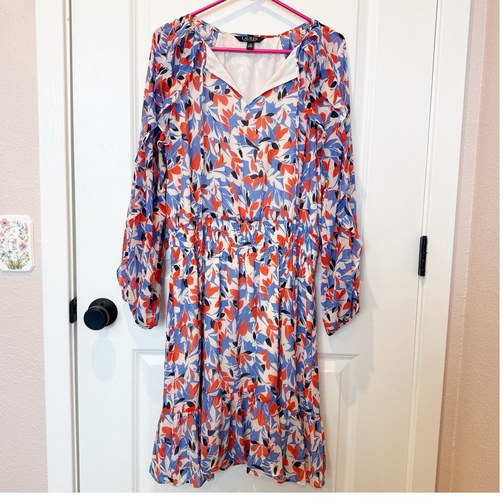 Lauren Ralph Lauren Floral Tiered Midi Dress Size‎ 12 Long Sleeve Lightweight